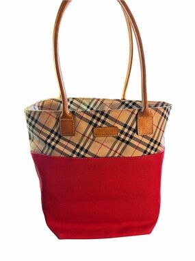 Burberry Red & Tan Check Canvas Tote